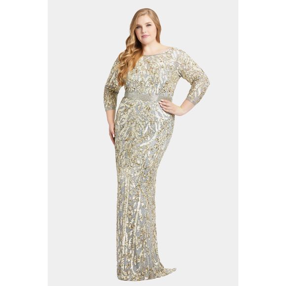 Mac Duggal Silver Long Sleeve Embellished Gown SIZE US 14W $598 - Picture 1 of 4